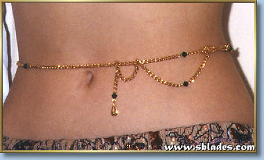Crystal belly chain shown in gold-tone chain w/black Austrian crystal