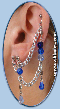 Ice-Flame Bajoran earring shown in Blue-Ice w/double-pierced lobe and upper-stud